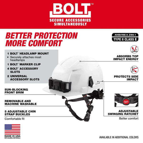 Milwaukee Bolt White Front Brim Safety Helmet Type 2, Class E (Red / 48-73-1329)