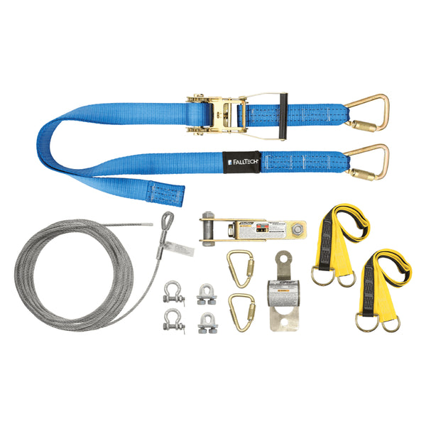 FallTech 60' SteelGrip Plus Temporary Cable Horizontal Lifeline System with Web Pass-Through Anchor Straps